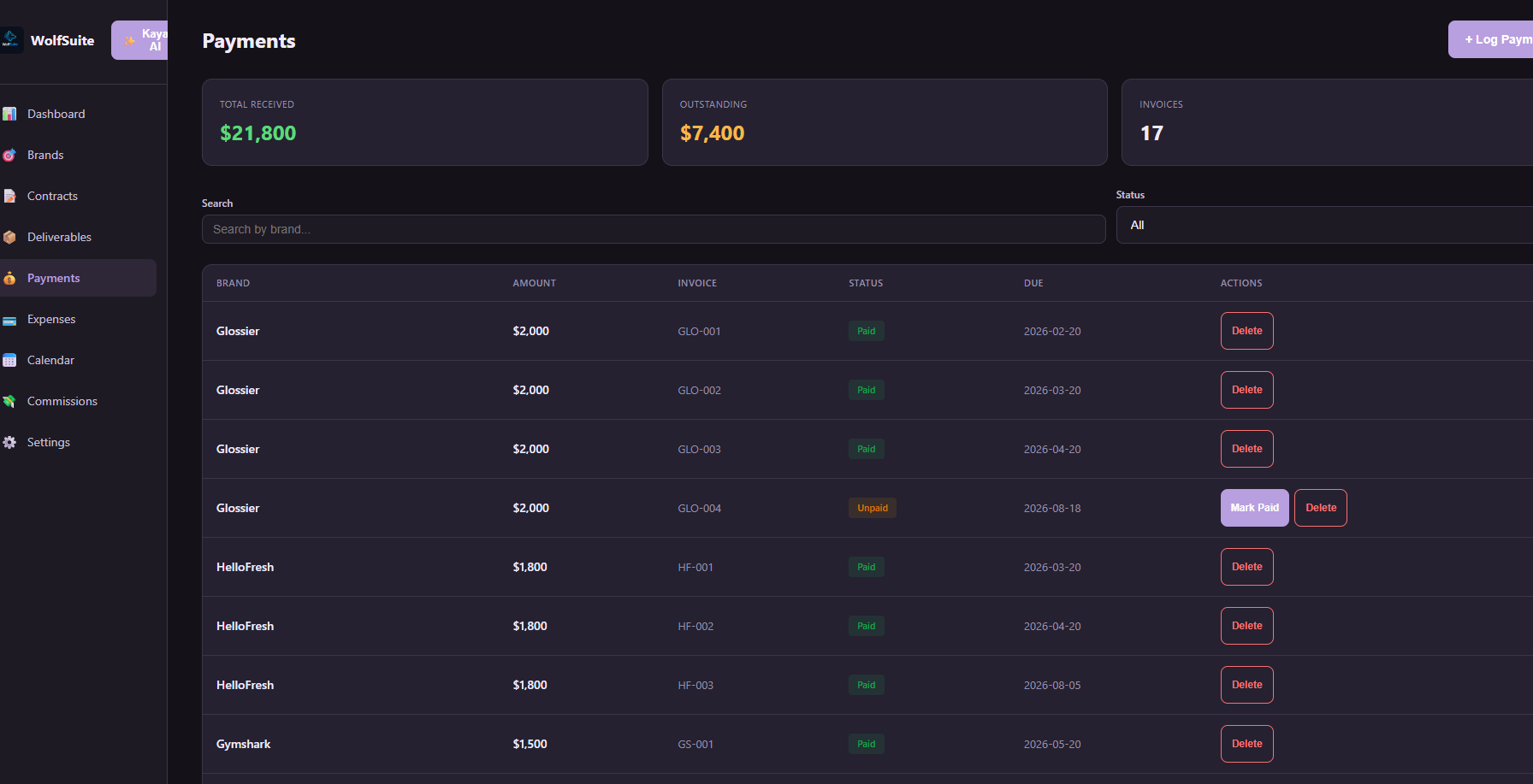 WolfSuite payments view showing invoices, amounts, and payment status
